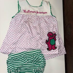 🍦🧸 Barney “We All Scream for Ice Cream” Appliqué Set – 12/18m, Emi Claire Smoc